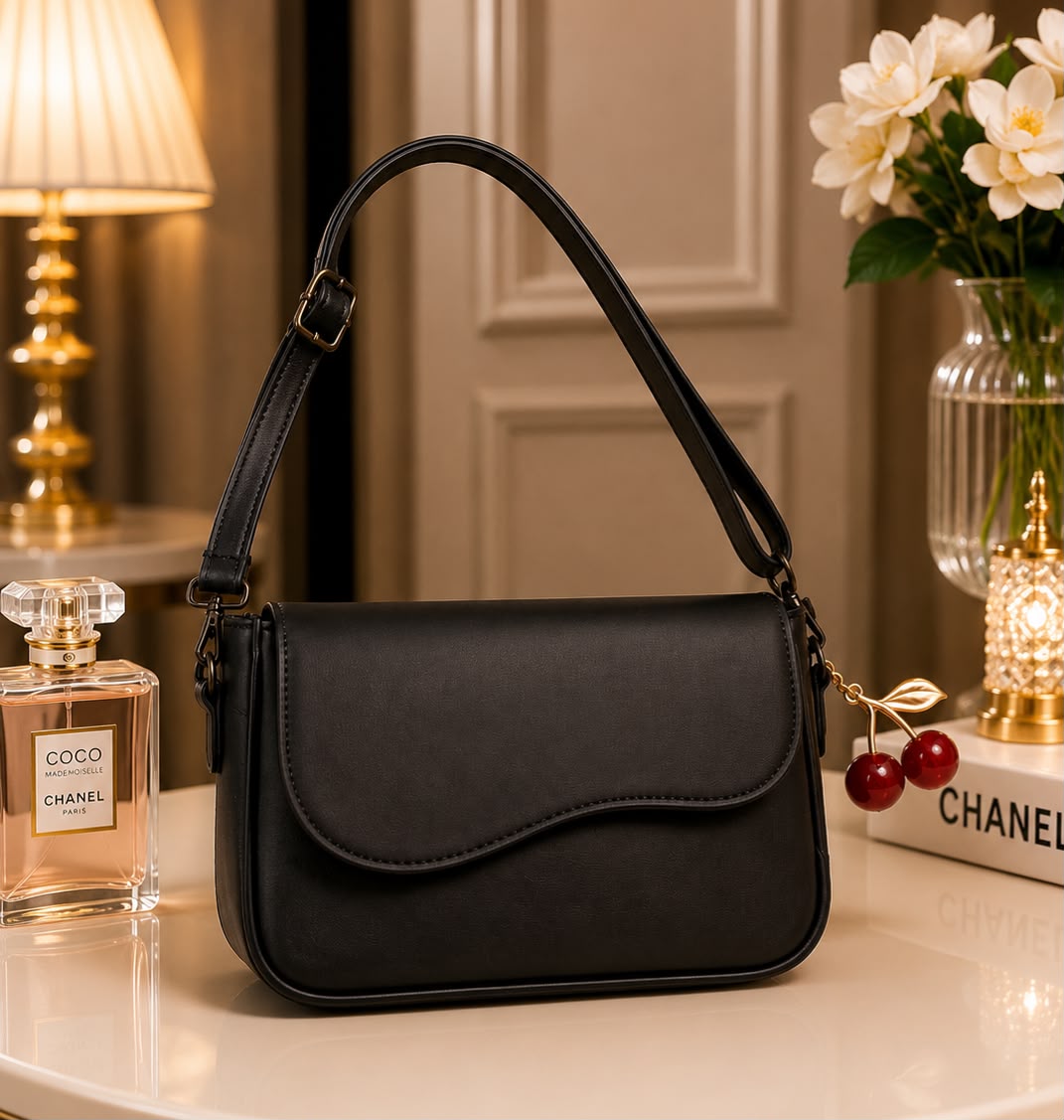 Premium Cherry Hand Bag with Keychain - Sling Bag for Women - Stylish Shoulder Purse - Handbags For Girls - New Design Hand Bags & Shoulder Bag With Belt and Cherry Keychain For Ladies