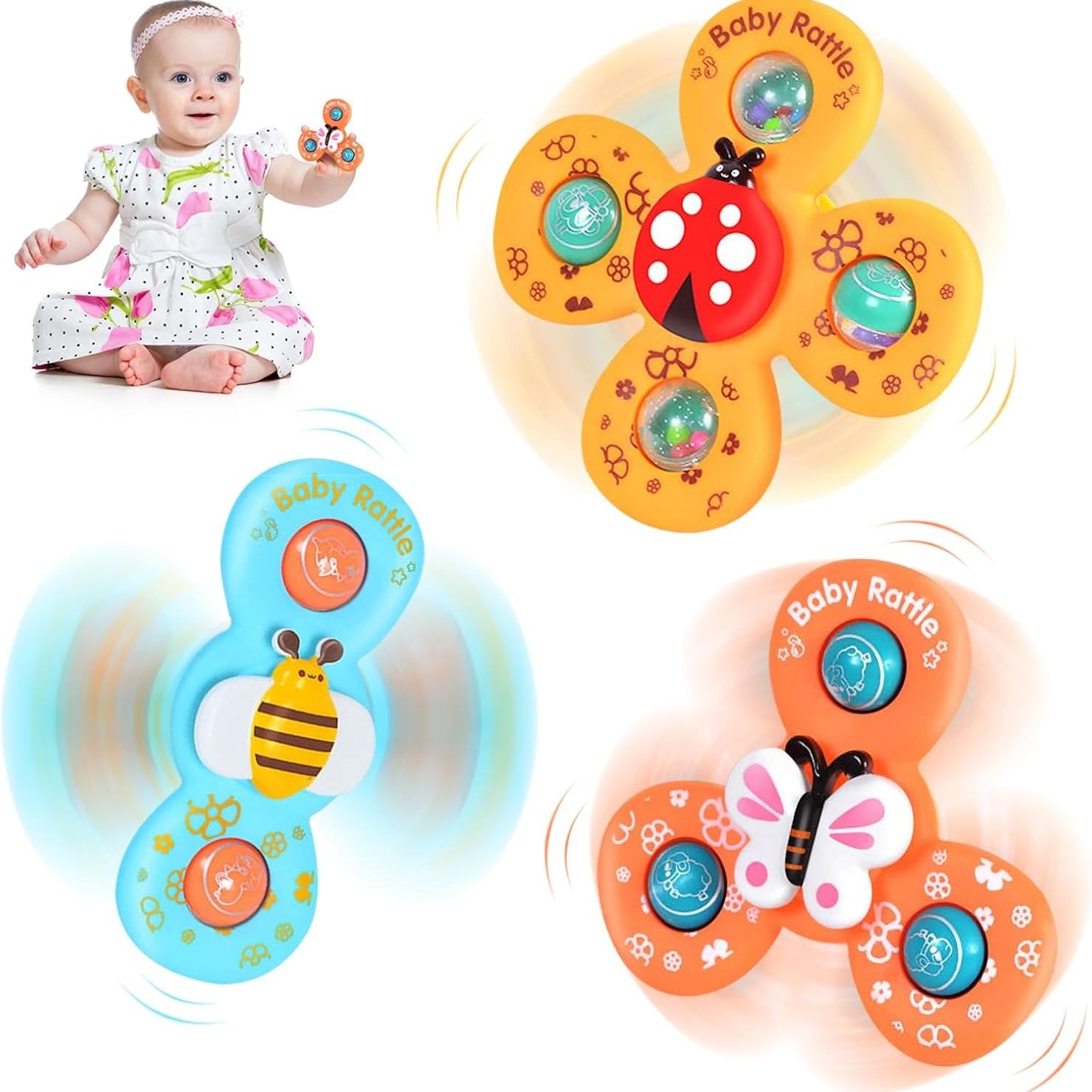3pcs Baby Rattles Set with Suction Cup Spinner Toy for On-the-Go Fun deal for Travel, Dining Table, and Bathroom Use
