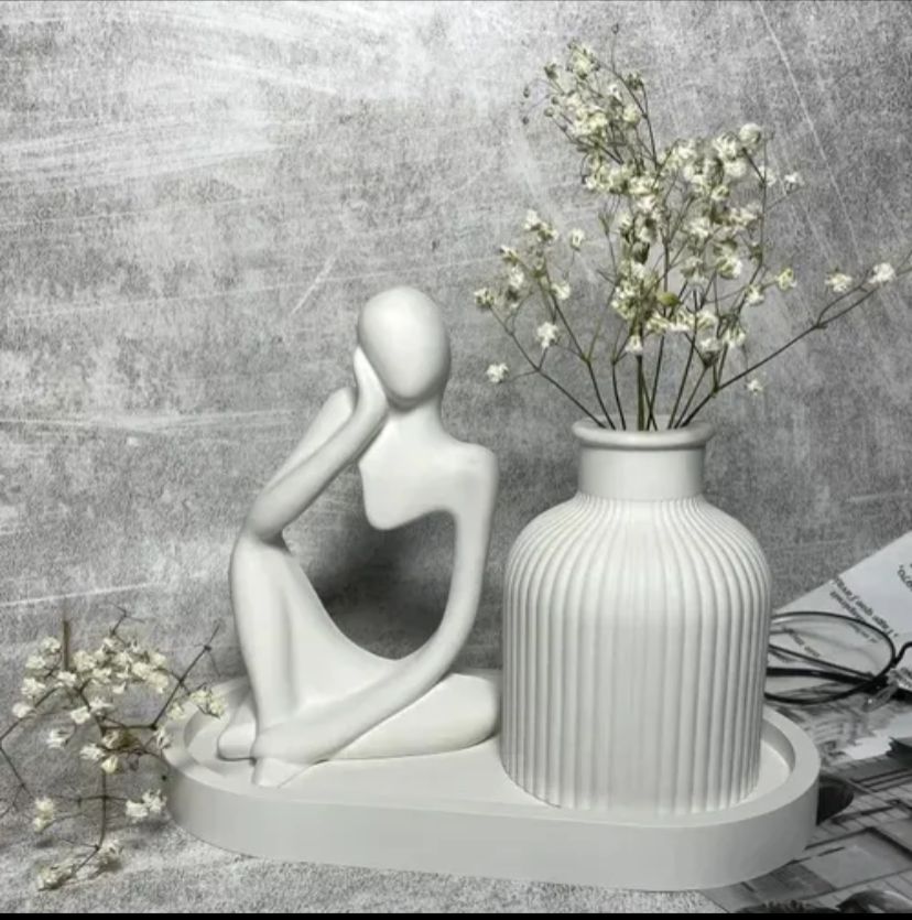 Set of 3 Home Decor Items – Thinker Statue, Mini Vase & Oval Tray  Elegant Handmade Abstract Sculpture  Modern Aesthetic Accent Piece  Perfect for Living Room, Bedroom, Office  Premium Cement & Plaster of Paris Material  Ideal Gift for Art Lovers