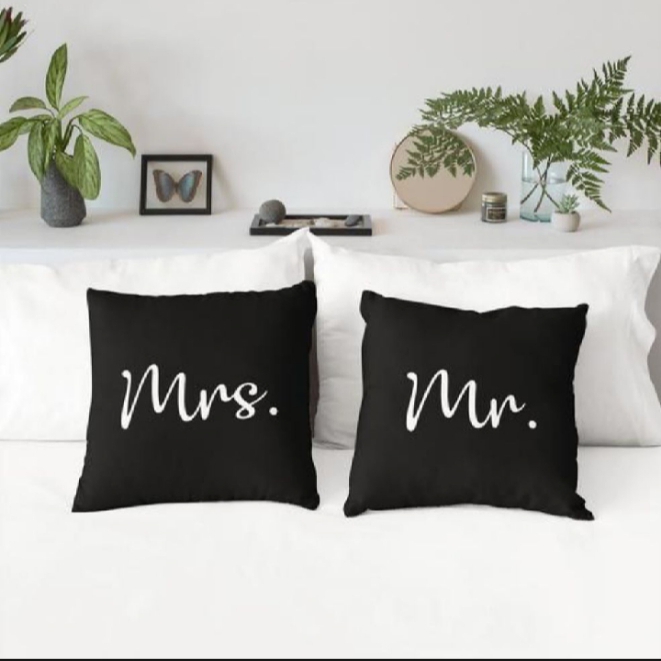Mr And Mrs Velvet 2 Cushion Cover Laser Applique Work Sofa And Bed Decoration 16×16 Inches