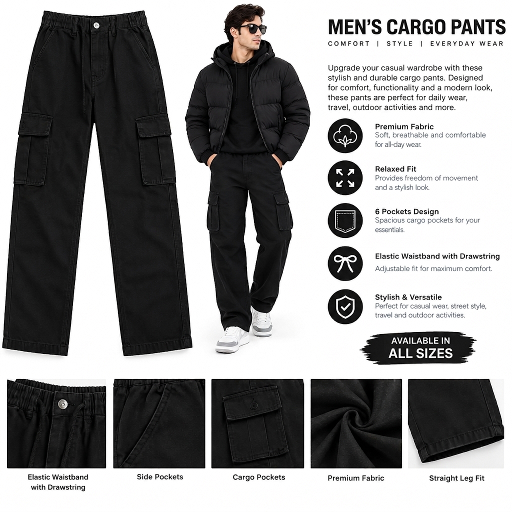 Black Baggy Cargo Jeans for Men & Boys – Loose Fit Multi-Pocket Denim Trousers