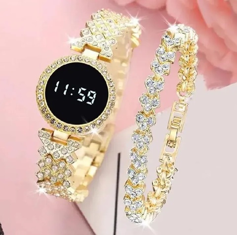 Diamond Touch Screen LED Watch for Ladies –Jewellery For Girls Style in Stainless Steel Chain Digital Wristwatch for Women's – Stylish Fashion Watch For Girls With Bracelet in Silver Stone Round & Square Dial Shape For Gift