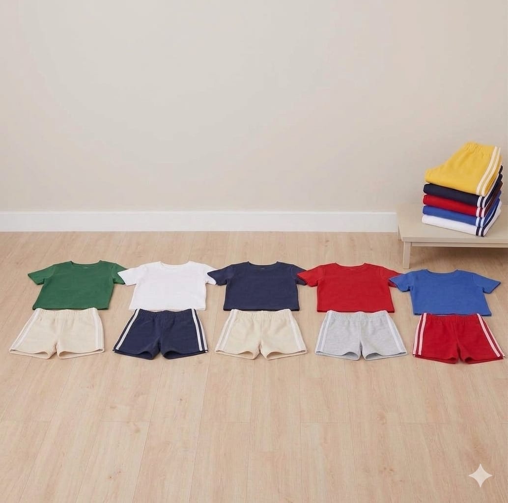 TF Clothing | Pack of 5 Plain Soft Cotton T-Shirts & 5 Lining Shorts | Summer Tracksuit Set for Boys, Girls & Babies | Multi Color