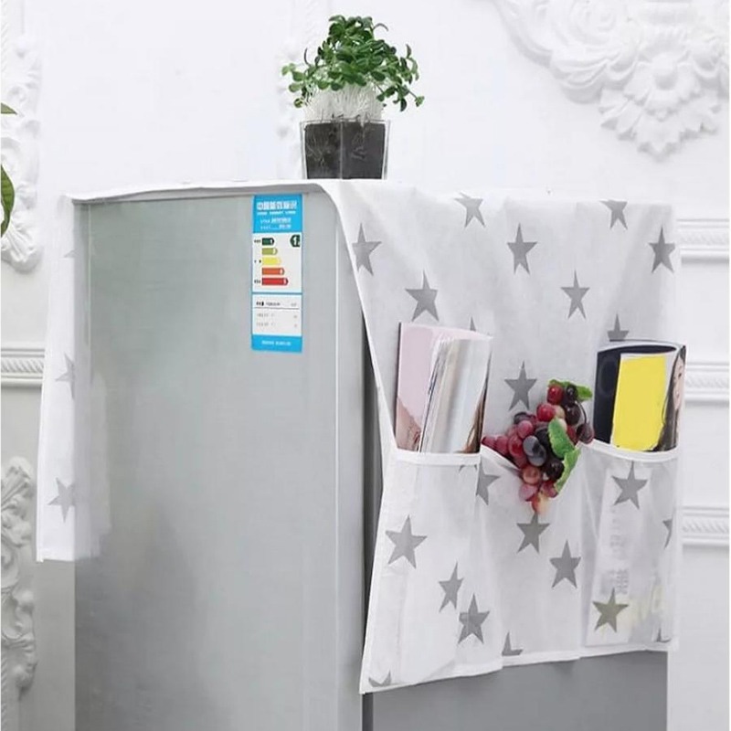 Printed Fridge Dust-Proof Cover Refrigerator Waterproof with Storage Pockets Bags Fridge Dust Cover