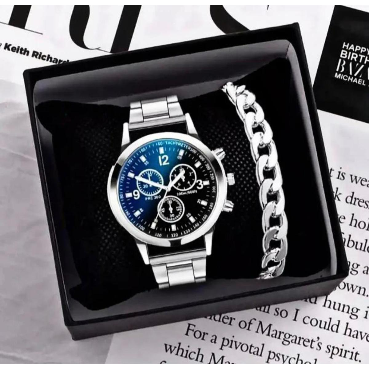 Premium Men’s Luxury steel straps round dial watches hand watch-silver watch- men watches-watch for boys-watch for men-watch for kids-watch for young's-watch for boys + Bracelet + With Chain+Ring -High Quality stylish-branded-watch Best  for Gift
