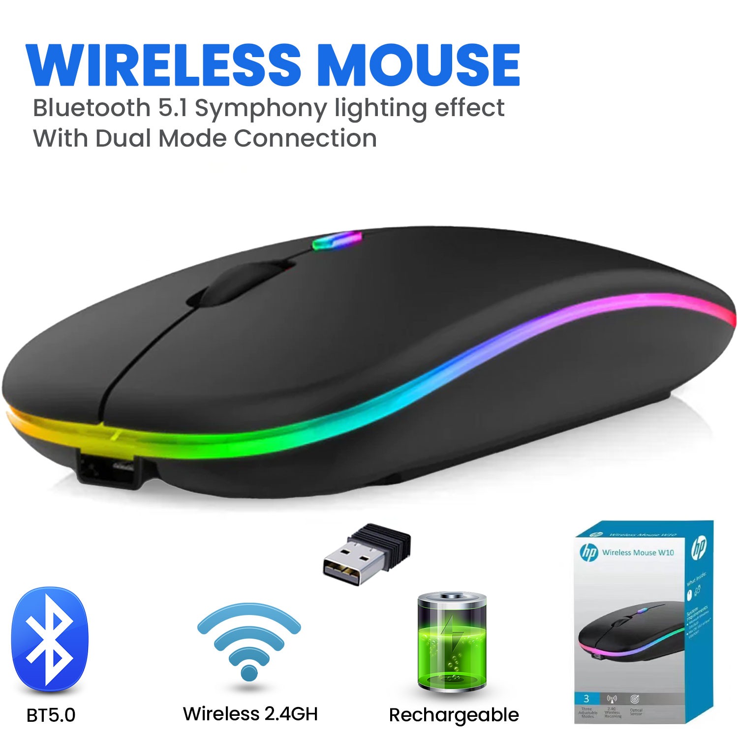 HP W10 Wireless RGB Bluetooth, Wireless, Rechargeable Slim Mouse For Pc & Laptop MS-1008