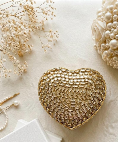 Most Trendy Mini Heart Metallic Kundan clutch With Long Chain For Women & Girls