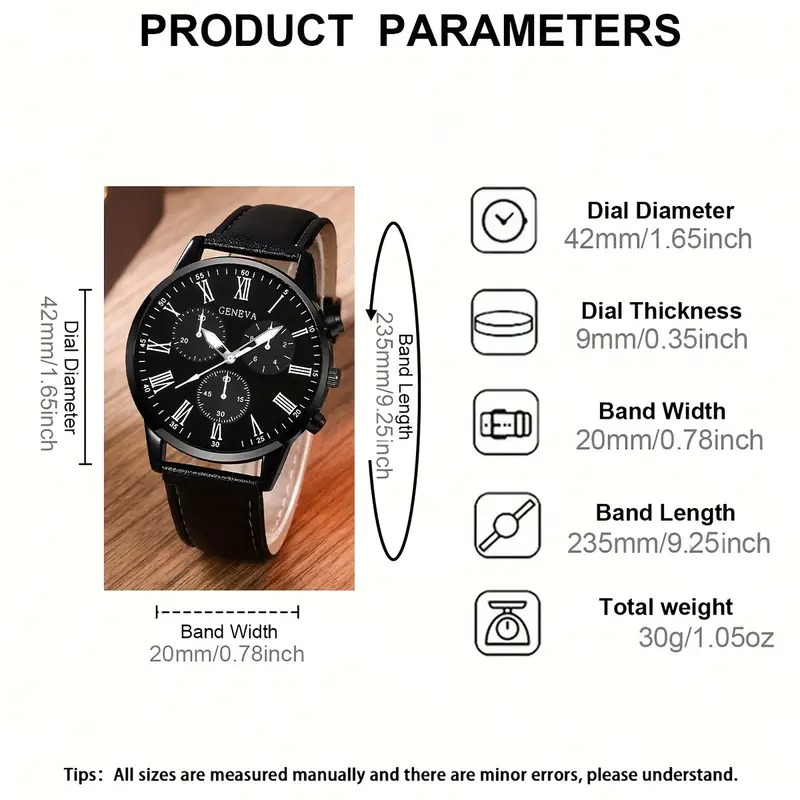 4 Pcs Men Women Fashion Watch Set Quartz Round Dial Roman Numeral Watch Necklace Bracelet Ring Gift Set