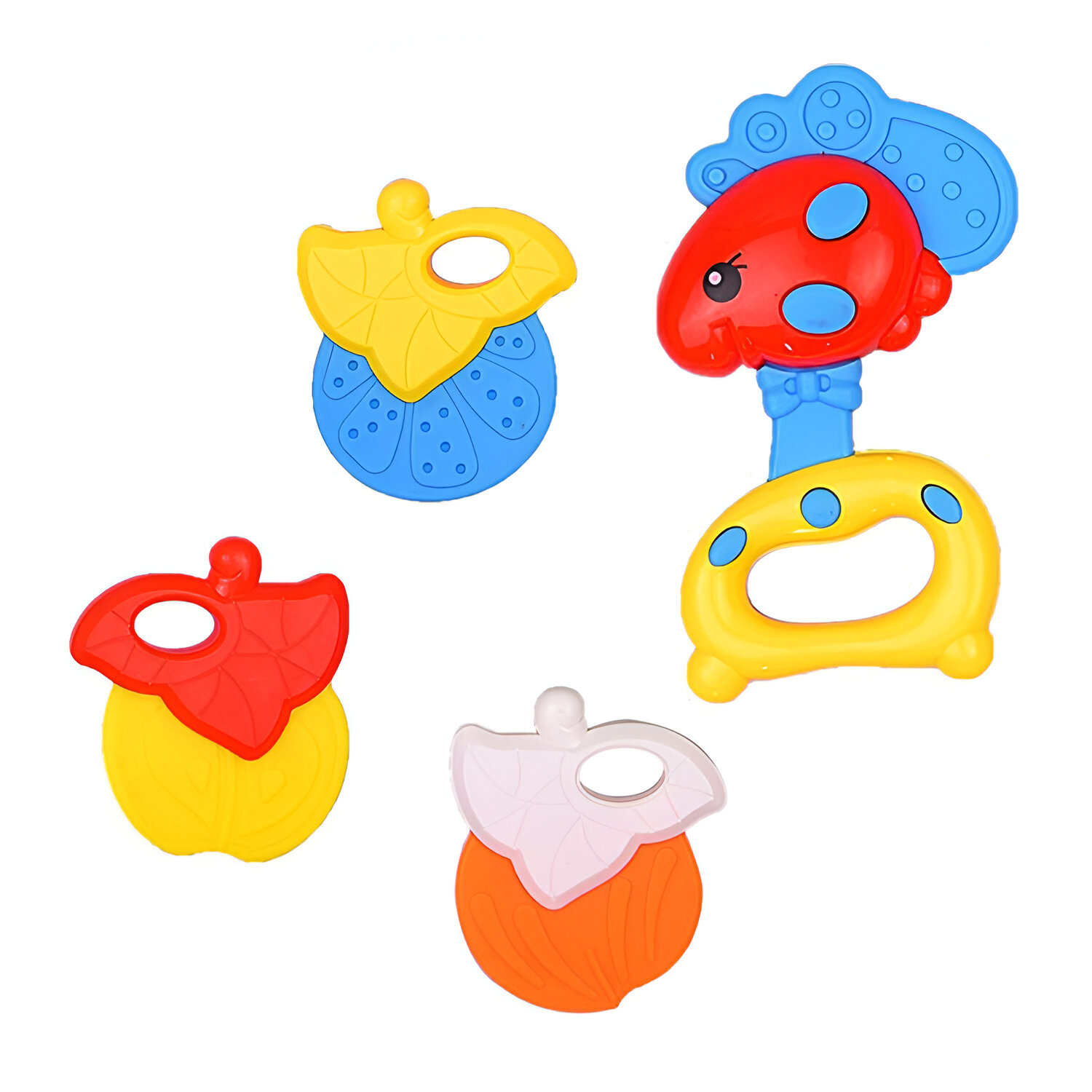 BPA Free Soft Silicone Baby Teether Toy 4 Pcs Set - Infant Kids Rattle Toys for Unisex Newborn and Toddler Hand Holding babies Colorfull Rattles
