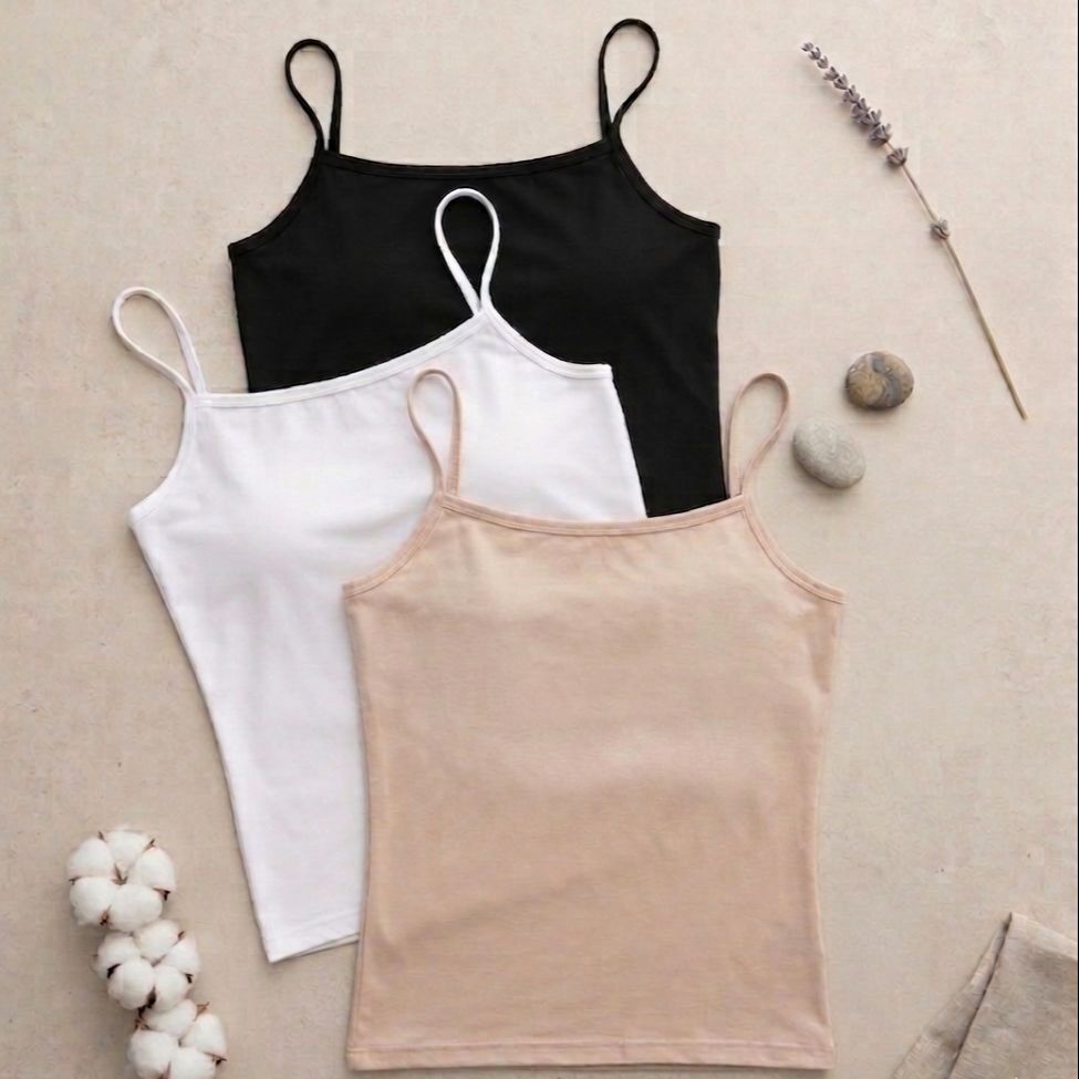 Pack of 3 Camisole for Women and Girls Stretchable Cotton Tank Top & Shameez for Teens and Ladies Comfortable Innerwear Slip for Girls | White & Skin & Black Camisole Set for Women