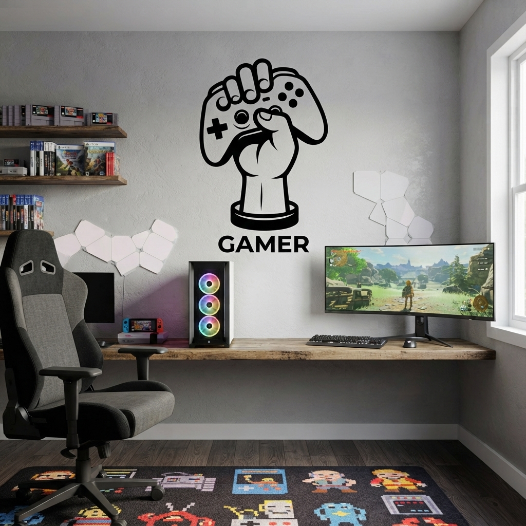 Gamer Hand with Console Wall Sticker PVC Vinyl Decal | Gaming Controller Wall Art | Gamer Room Bedroom Setup Decor | 12 x 18 Inch