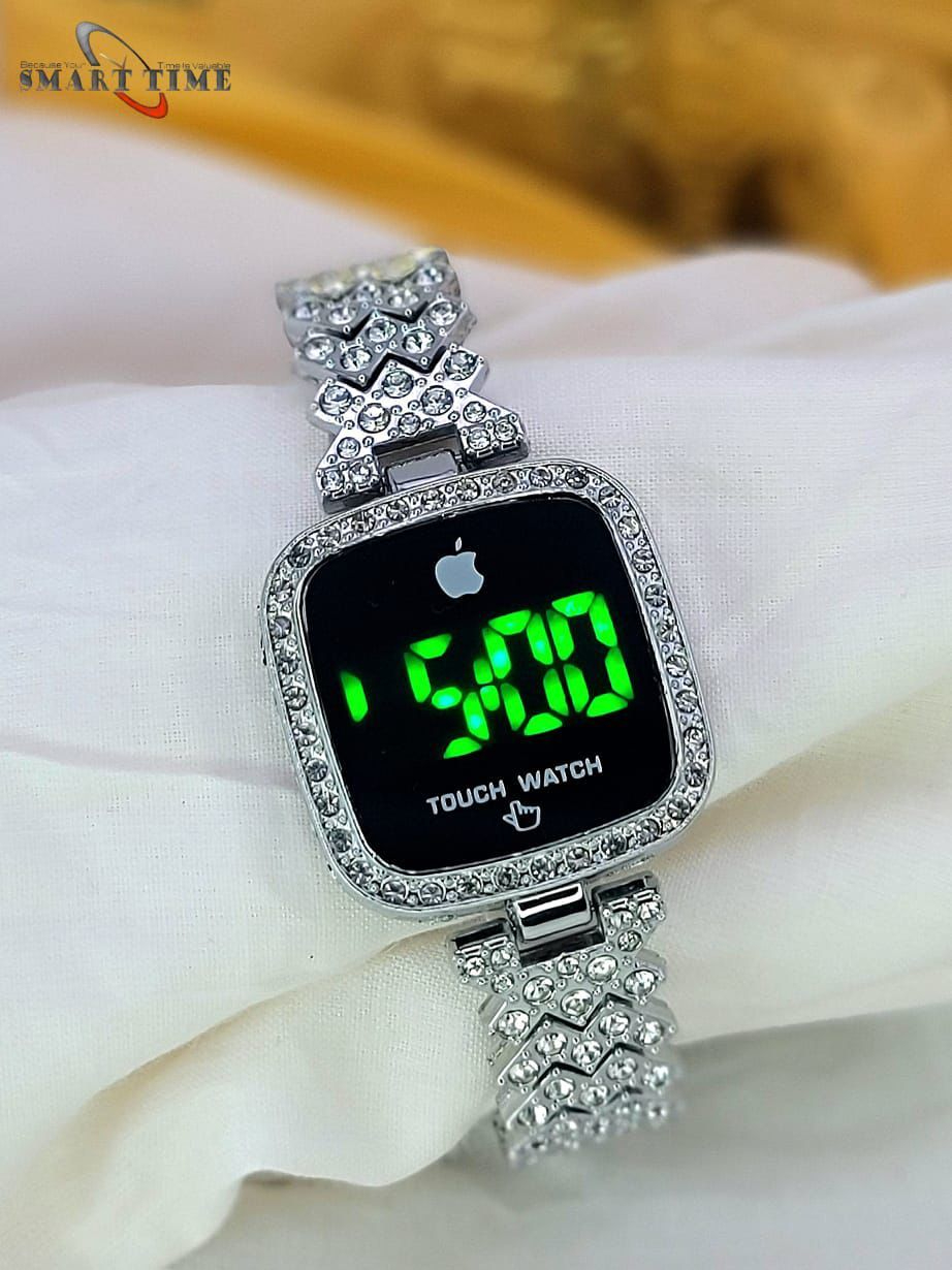 Watch for Girls Diamond Touch Screen LED Watch for Ladies –Jewellery For Girls Style in Stainless Steel Chain Digital Wristwatch for Women's – Stylish Fashion Watch For Girls With Bracelet in Silver Stone Round & Square Dial Shape For Gift