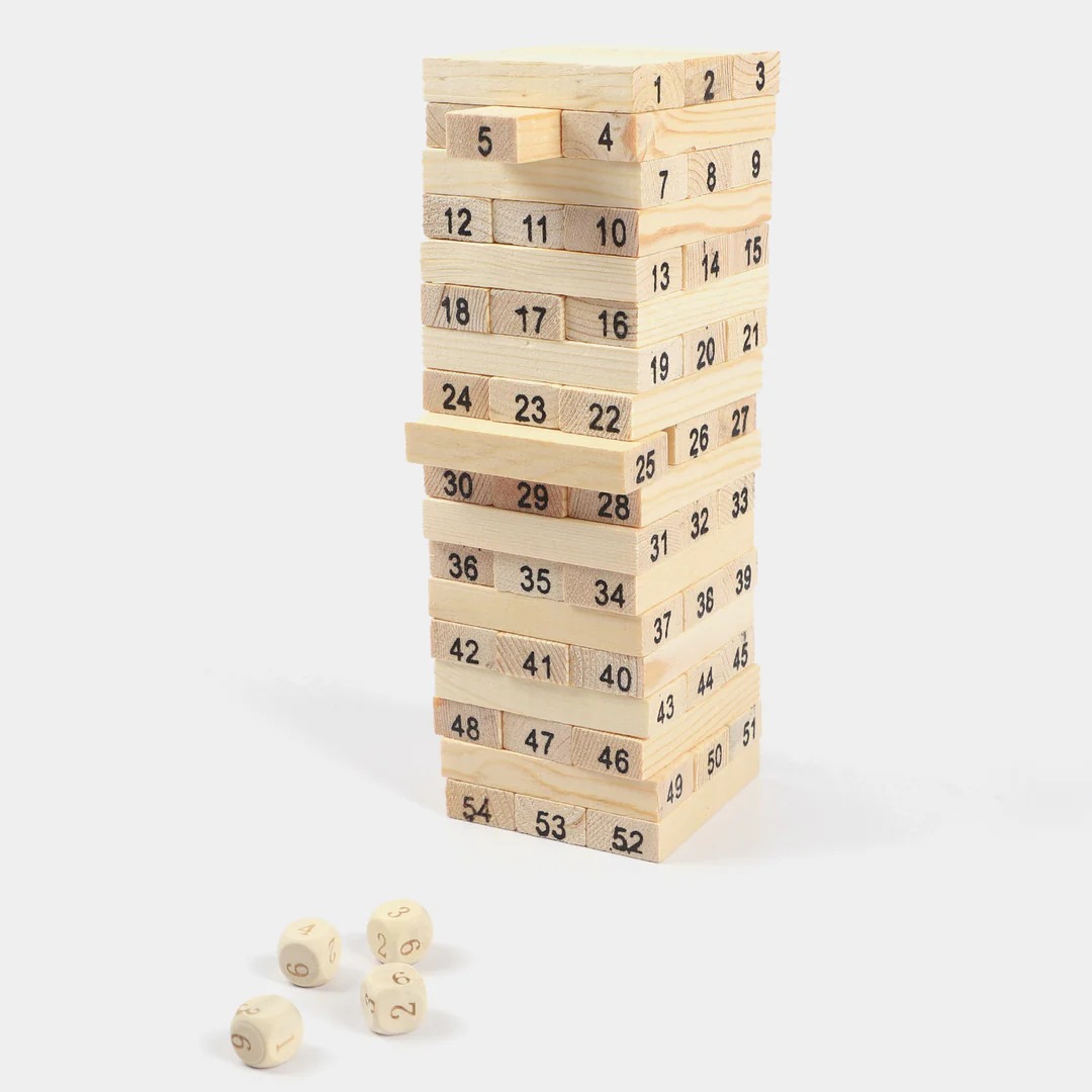 Number Jenga Wooden Stacking Game for Kids & Adults Blocks 54 Pieces with Dice
