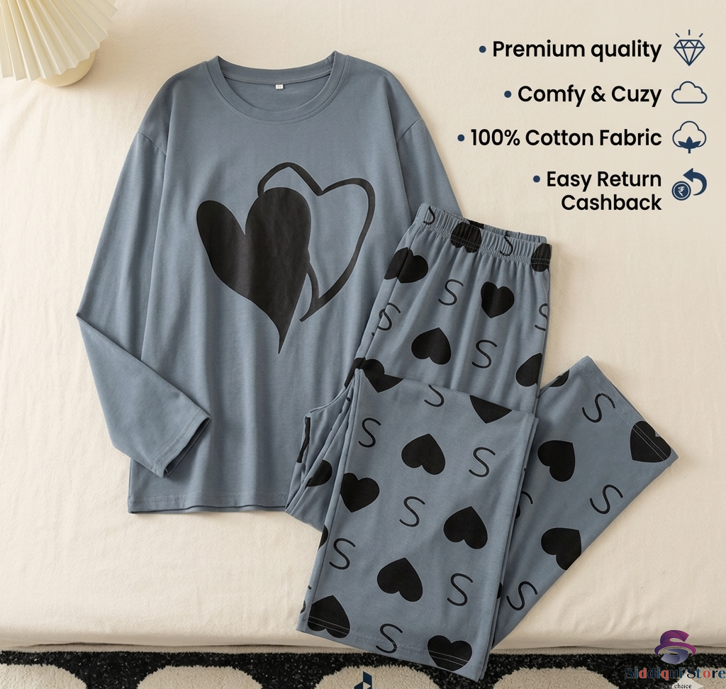 Full Sleeves Cotton Jersey Pajama Set for Women & Girls – Soft T-Shirt & Trouser Nightwear Summer Sleepwear Loungewear Printed Lounge Wear for Home, Sleep & Casual Use – Soft Breathable Fabric – Round Neck Tee with Matching Trousers