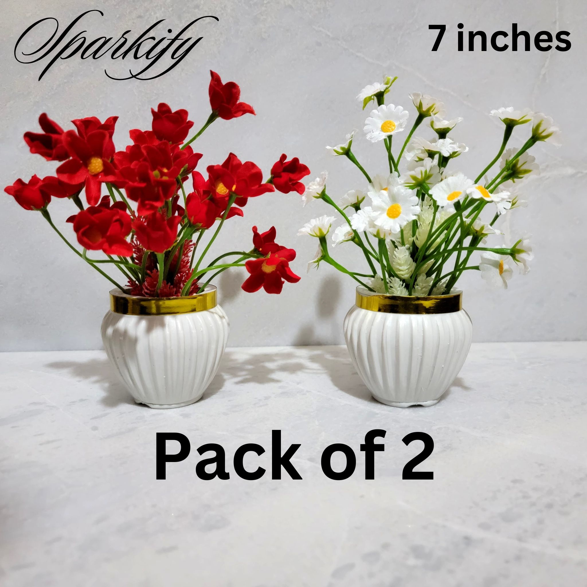 Artificial 7 inches high quality medium size plants in medium size white round shape pots width 3 inches | Beautiful table top artificial trees for house, room and office decoration.