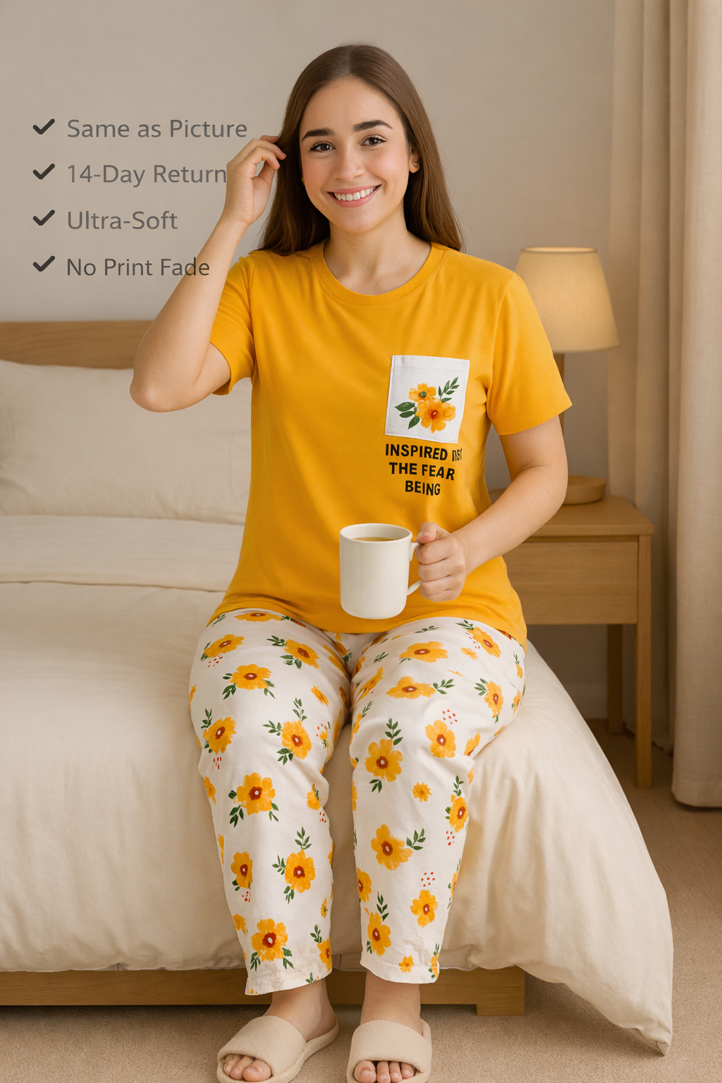Women’s Mustard Yellow Floral Nightwear Set – Soft Cotton Jersey T-Shirt with Printed Pajama for Sleep & Home Wear