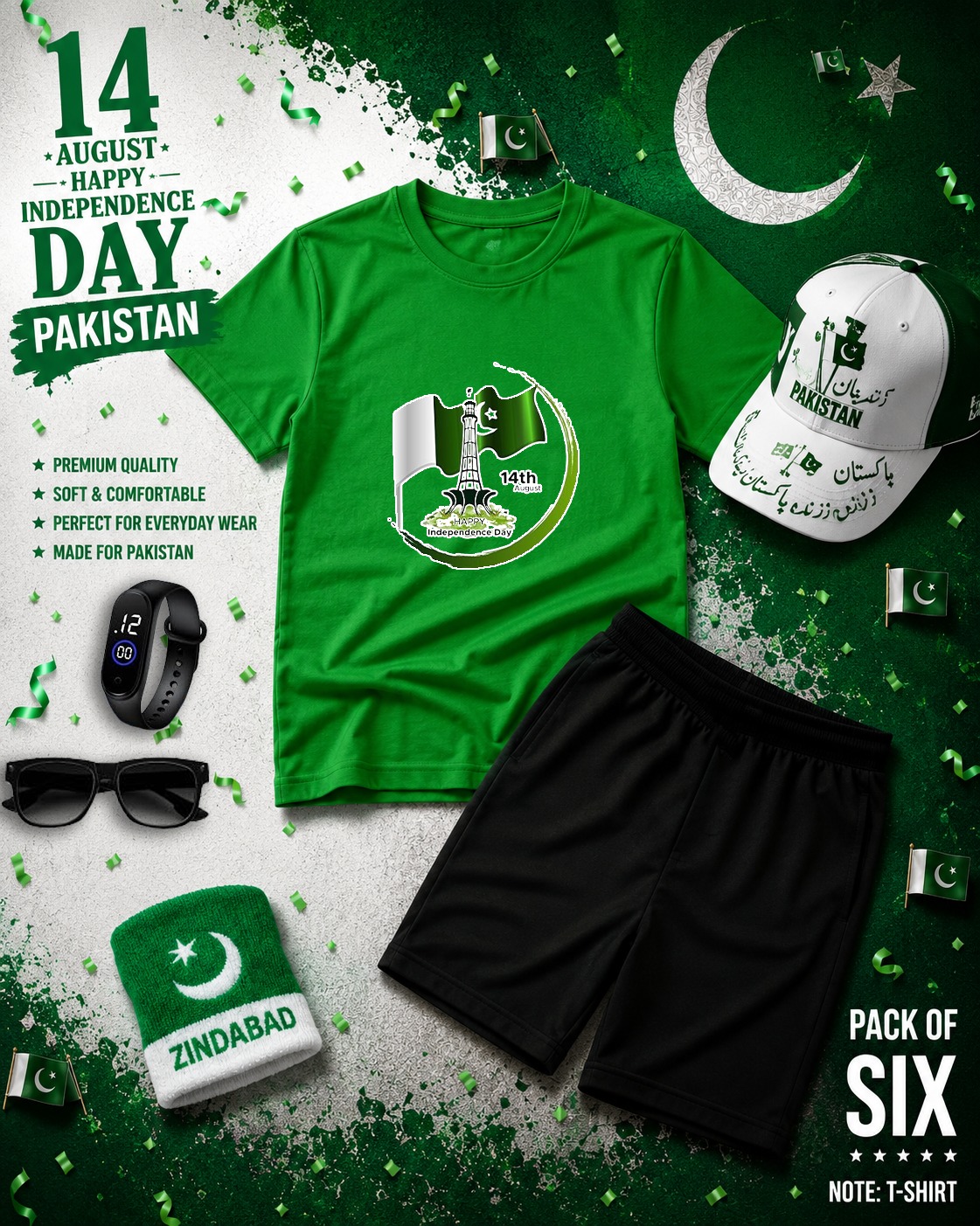 14th August Special Kids Printed Summer Tracksuit Pack of 6  Pakistan Independence Day Outfit  T-Shirt, Shorts, Cap, Hand Band, Sunglasses & Watch  Soft Fine Jersey  Baby Boys & Girls (1-8 Years)