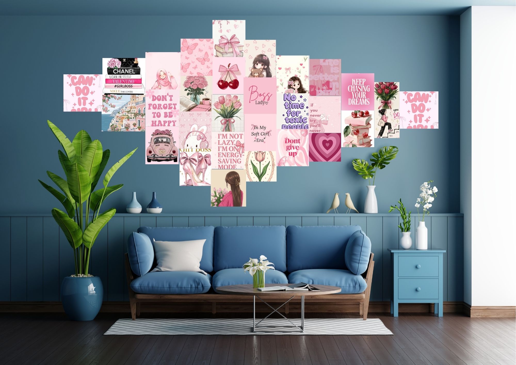 Pink Aesthetic Wall Collage Kit for Girls - 28 Pcs Cute Room Decor Cards, Soft Girl & Boss Lady Aesthetic Stickers, Aesthetic Photo Prints for Bedroom, Hostel, Study Table Wall Decoration