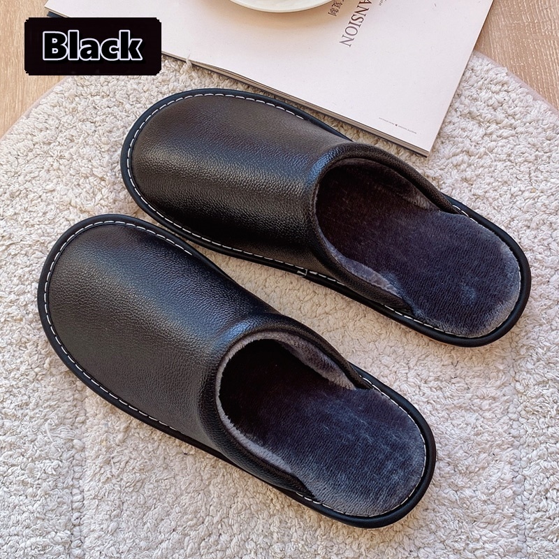 Leather Autumn and Winter Household Slippers Home Indoor Thick Bottom Non-slip Waterproof Warm Home Slipper For Men and Women