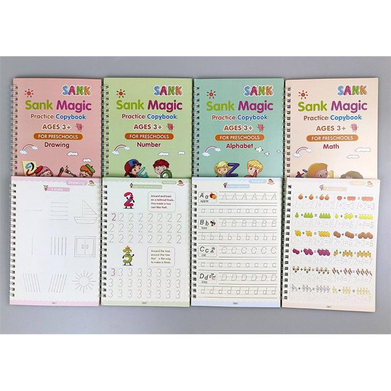 Magic Practice Copybook Set 4 Books, Magic Pen & 10 Ink Refills Montessori Children Tracing Sank Calligraphy Handwriting First Preschool Baby Learning Books for Kids