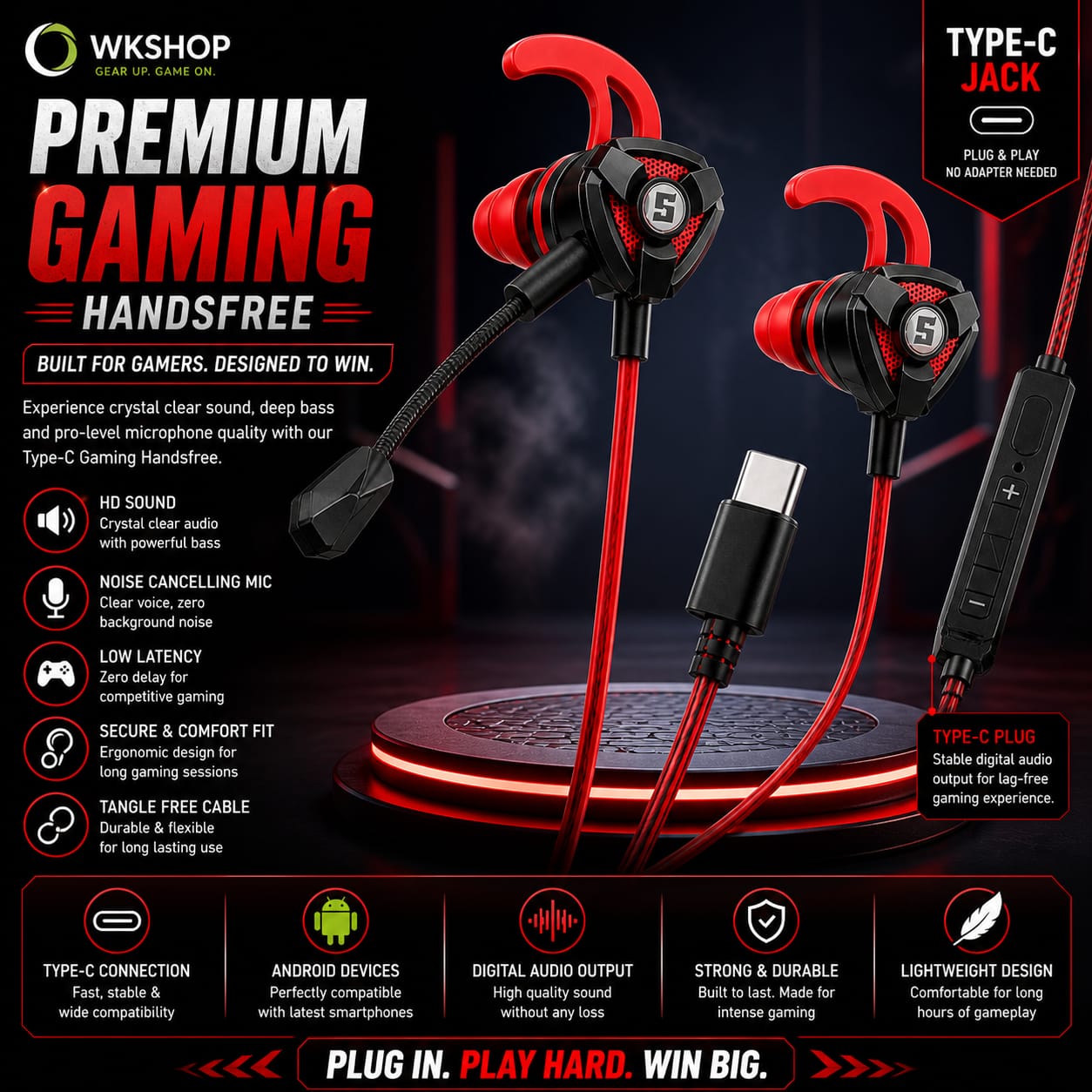 Gaming Handsfree For PUBG Free Fire Call Of Duty Mobile | Noise Cancelling Mic | Deep Bass HD Stereo Sound | Low Latency Wired Gaming Earphones | 3.5mm & Type-C Jack Gaming Headset For Android lPhone PC Laptop PS4 PS5 Xbox Tablet | Gaming Earbuds With Mic