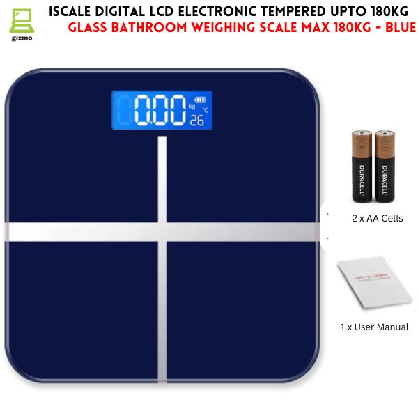 Upto 180kg iScale Rechargeable Weight Machine - 8mm Tempered Glass - Digital Heavy Duty Electronic Weighing Scale with Dual LED Display - Heavy Electric Weight Machine With Durable Steel Quality - For Home & Personal Use - Black//Blue/Silver