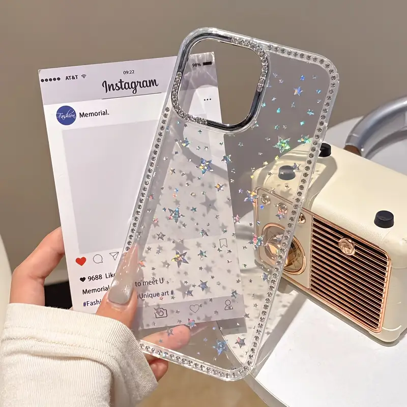 Premium Star Glitter Transparent Case for 11 12 13 14 15 16 17 Series | Rhinestone Border | Sparkling Clear Back Cover | Stylish Bling Case