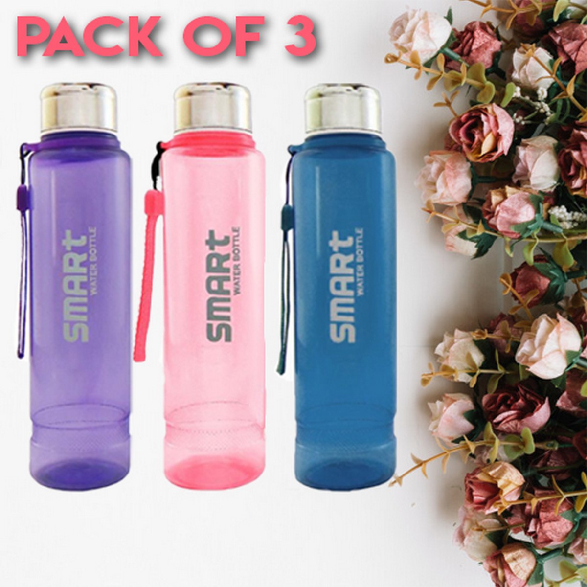 (Pack of 3 ) Smart Water Bottles 600ml/ 1300ML / BPA Free Plastic With ...