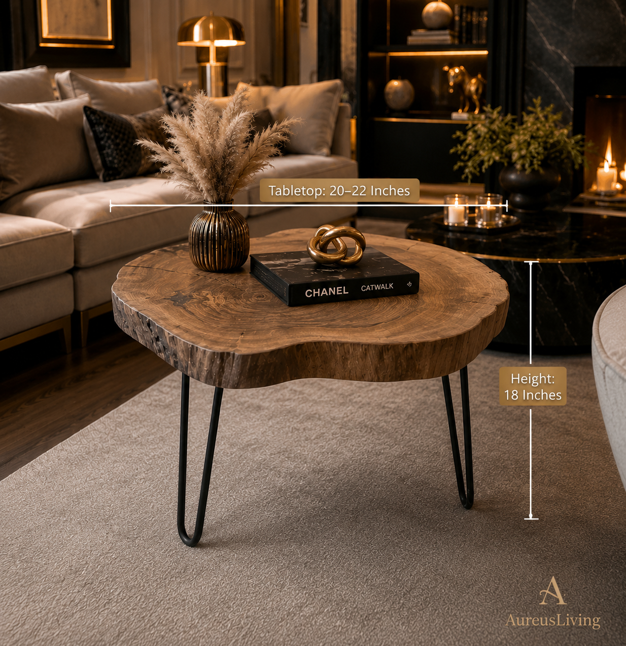 Live Edge Coffee Table – Rustic Solid Wood Coffee Table – Mid-Century Natural Wood Slab Table with Metal Hairpin Legs – Modern Accent Center Table for Living Room – Handmade Round Wooden Coffee & Side Table