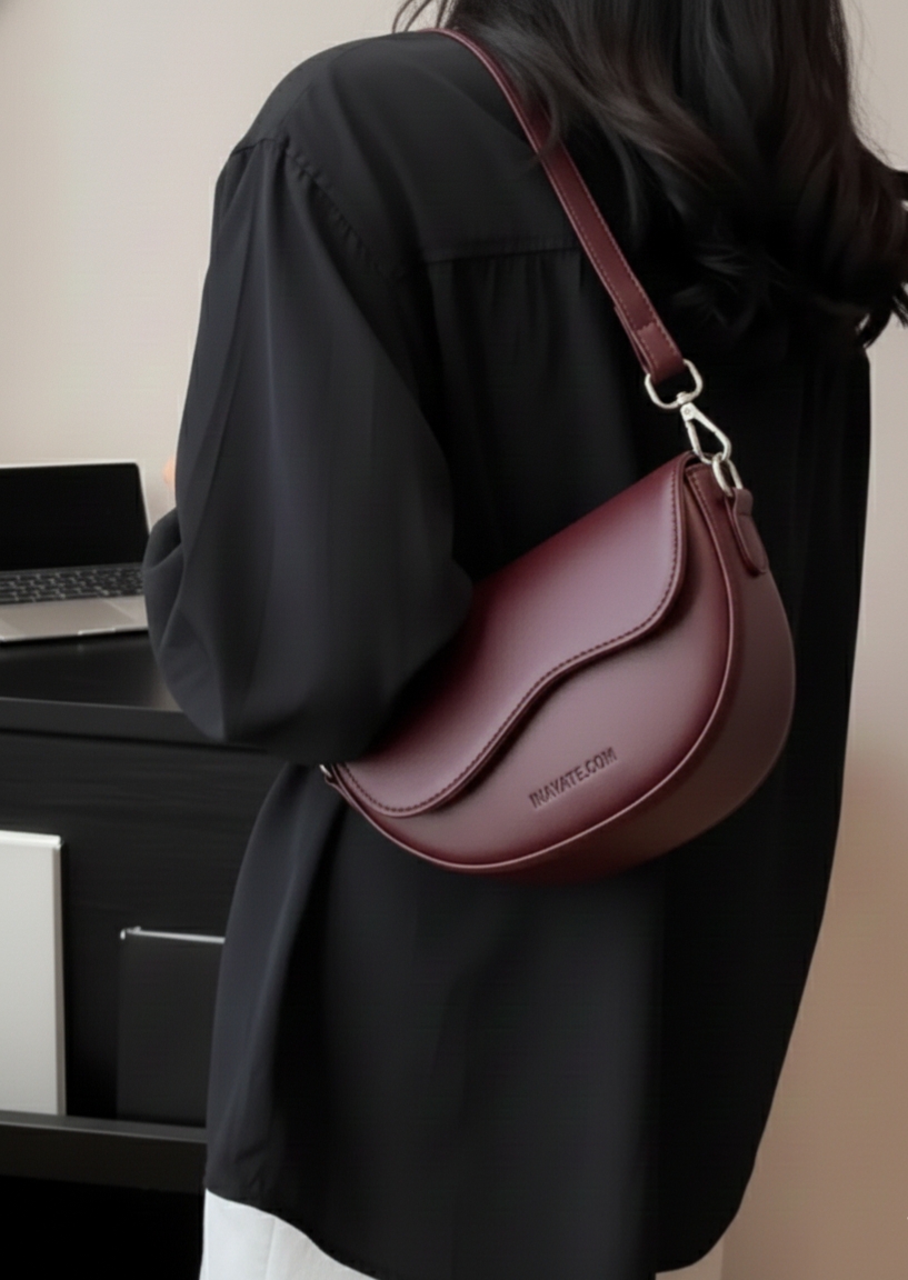 Minimalist Faux Leather Crescent Shoulder Bag - Retro Flap  Handbag with Adjustable Strap