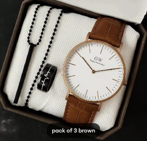 Pack Of 3 Top Fashion Men's Business Watch Deal -Elegant Mens Arabic Aura Watch Casual Watch +Heart Beat Ring+3D Bar Stick Locket-High Quality Business Watch In Random dial Design