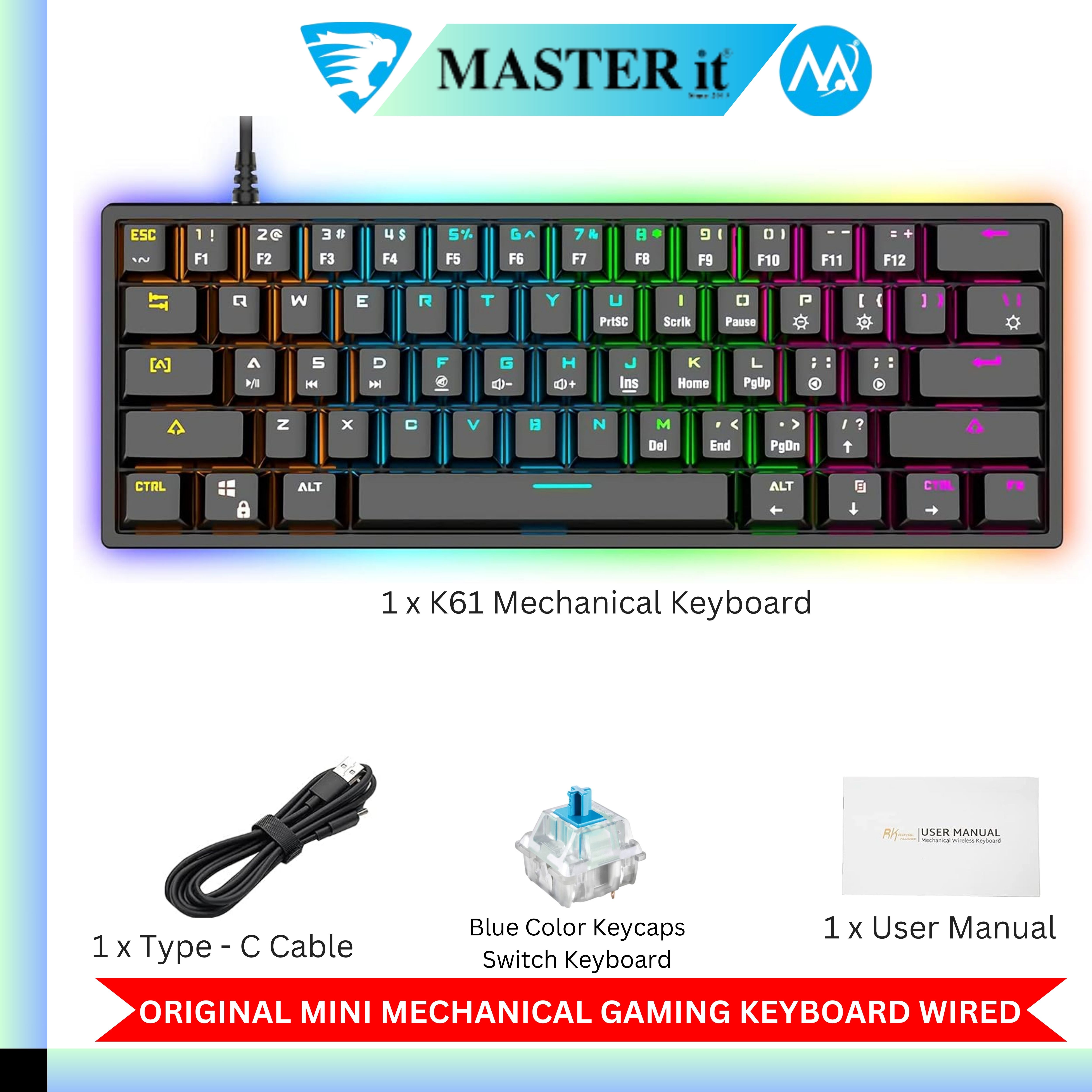 RGB Gaming Keyboard - Mechanical Keyboard Blue Switch Wired/Wireless Mini RGB Keyboard 61/63 Keys Without Numpad - RGB Light Mechanical Keyboard Black - Detachable TYPE-C Wired/Wireless For Professional Gaming - Compatible With PC & Laptop