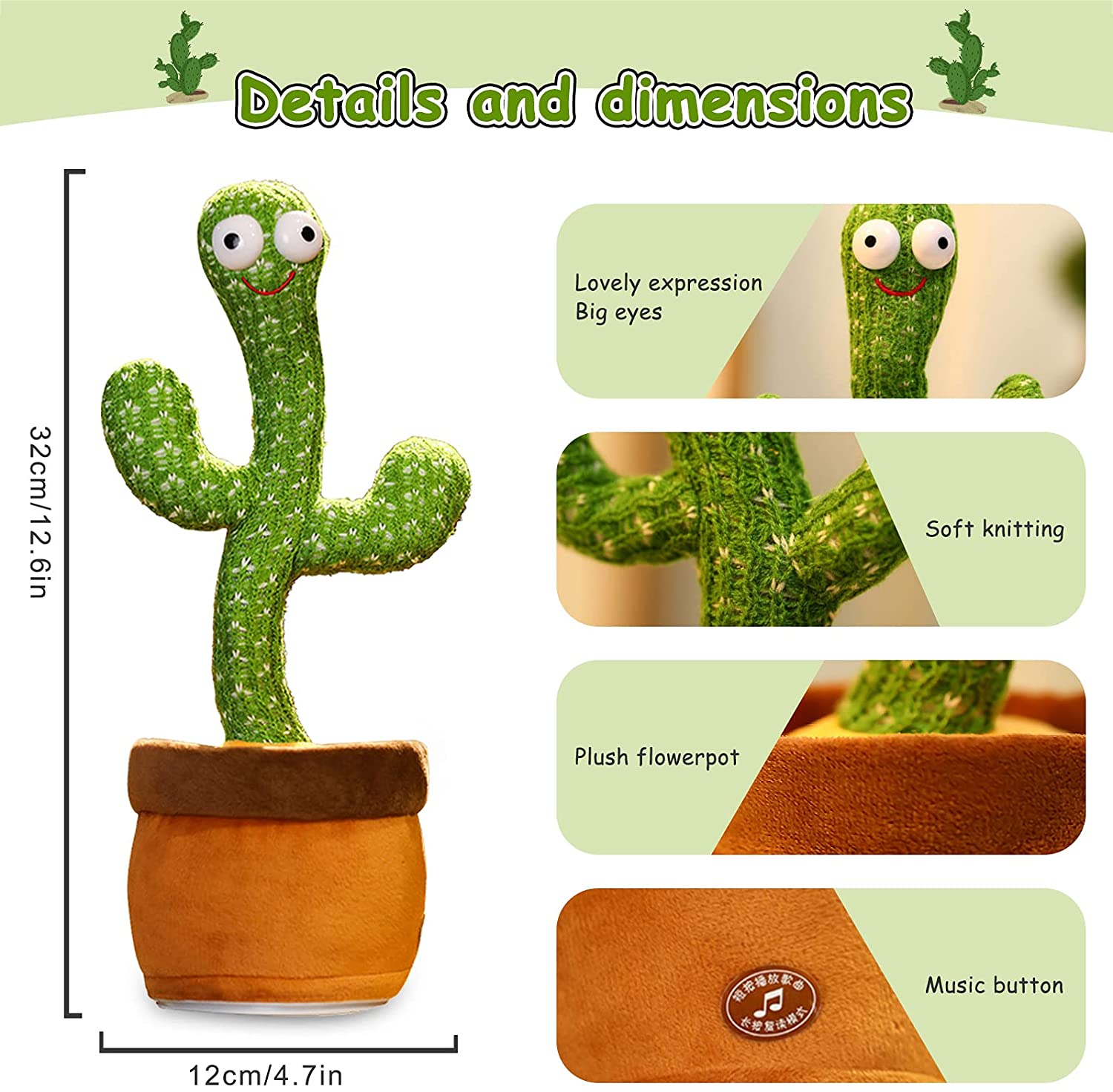 Dancing Cactus Toy, Talking Cactus Tree Plush Toy Repeat English Songs