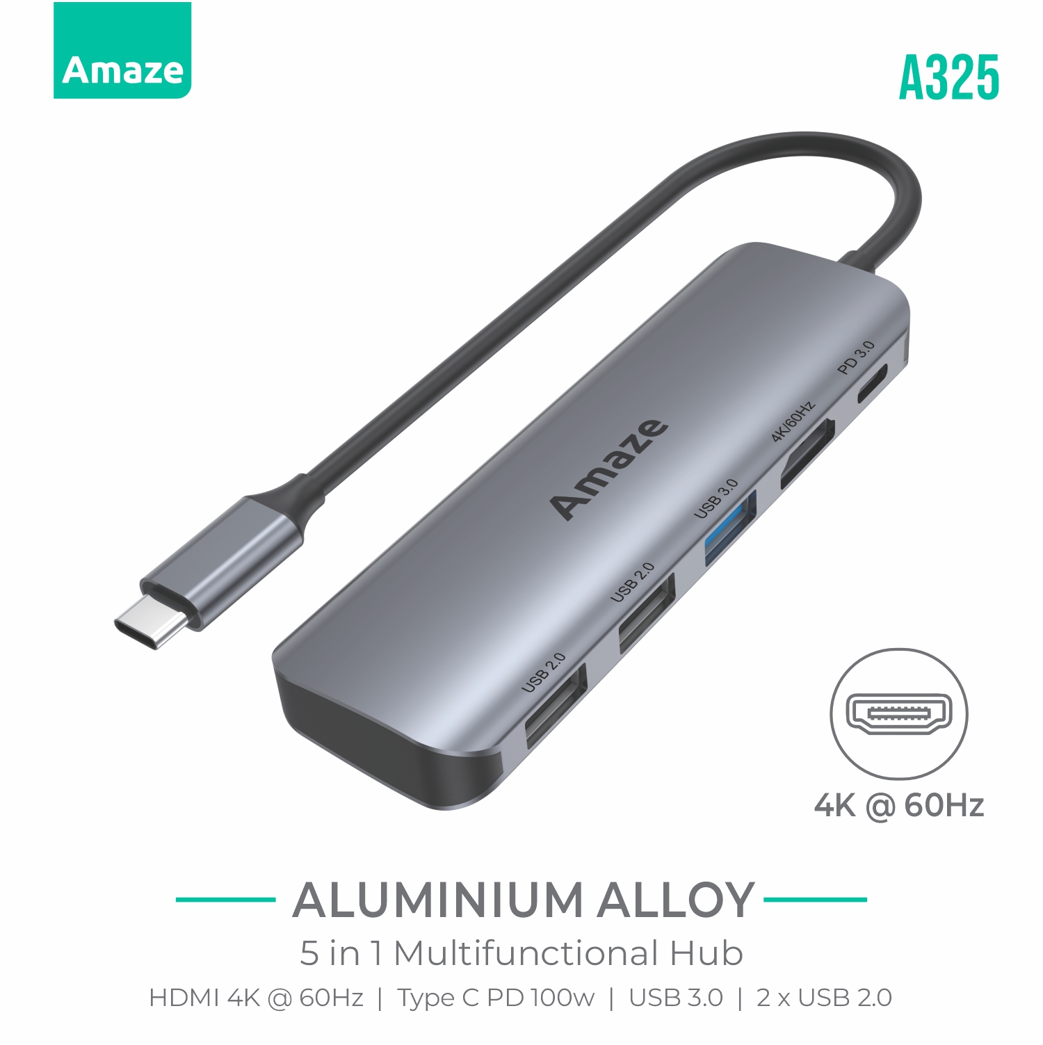 Amaze A325 5 in 1 Type-C TO HDMI and USB Multifunction Hub 4k @60hz 6 abf849c0b2b88d6bab690bb11888c79a