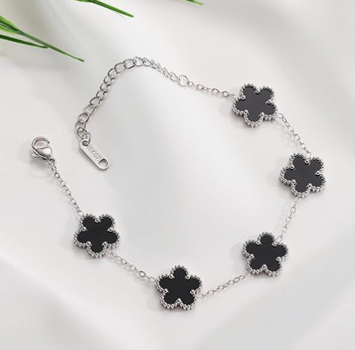 Silver Black Flower Bracelet – 5 Clover Charms, Elegant Everyday Jewelry Bracelets Gifts for Women Luxury Fashion