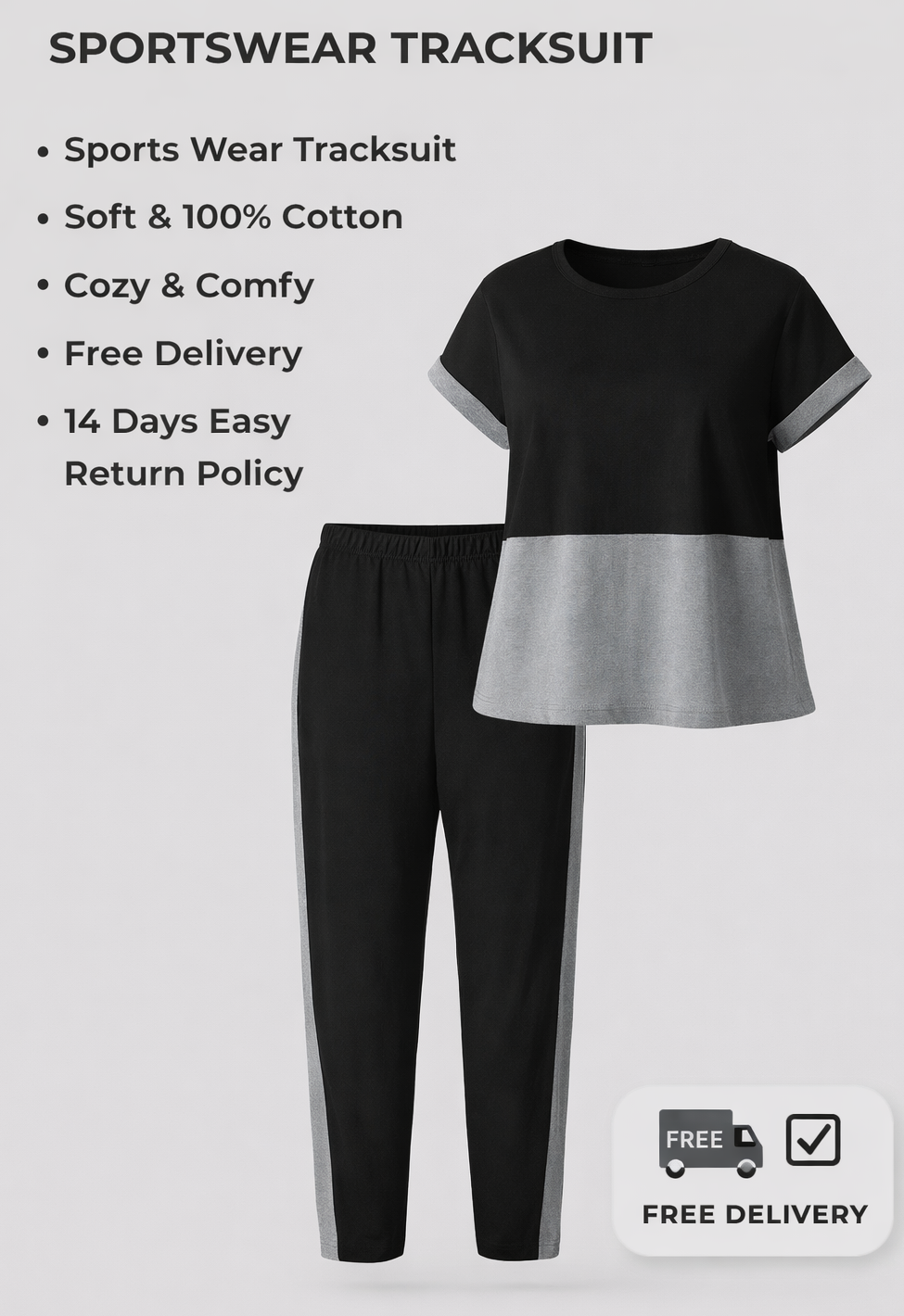 Latest Premium Look Grey Black Gym Wear Sports Tracksuit for Women - Soft Cotton Jersey Two Piece Summer Friendly Jogging Suit - Girls Activewear Athletic Tee & Trousers Set Siddiqui's Store 01 price in Pakistan