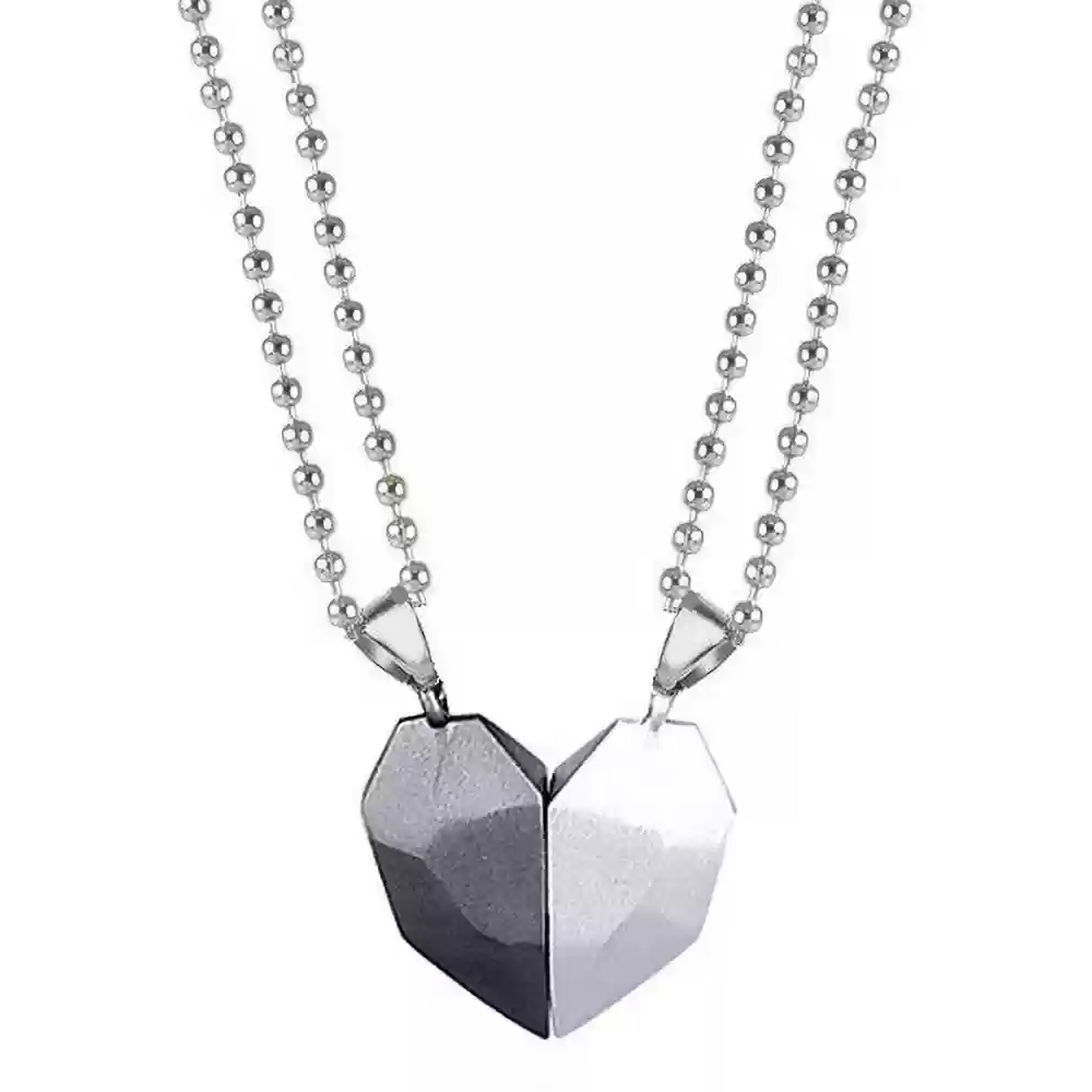2 Pcs Magnetic Diamond Cut Heart Pendant Necklace – Silver & Black Matching Couples Friendship Locket - Heart Broken Pendant With 2 Chain Couple Best Friend Ship Magnet Locket For Boys Girls Women Men Ladies Jewellery Fancy STylish Jewelry