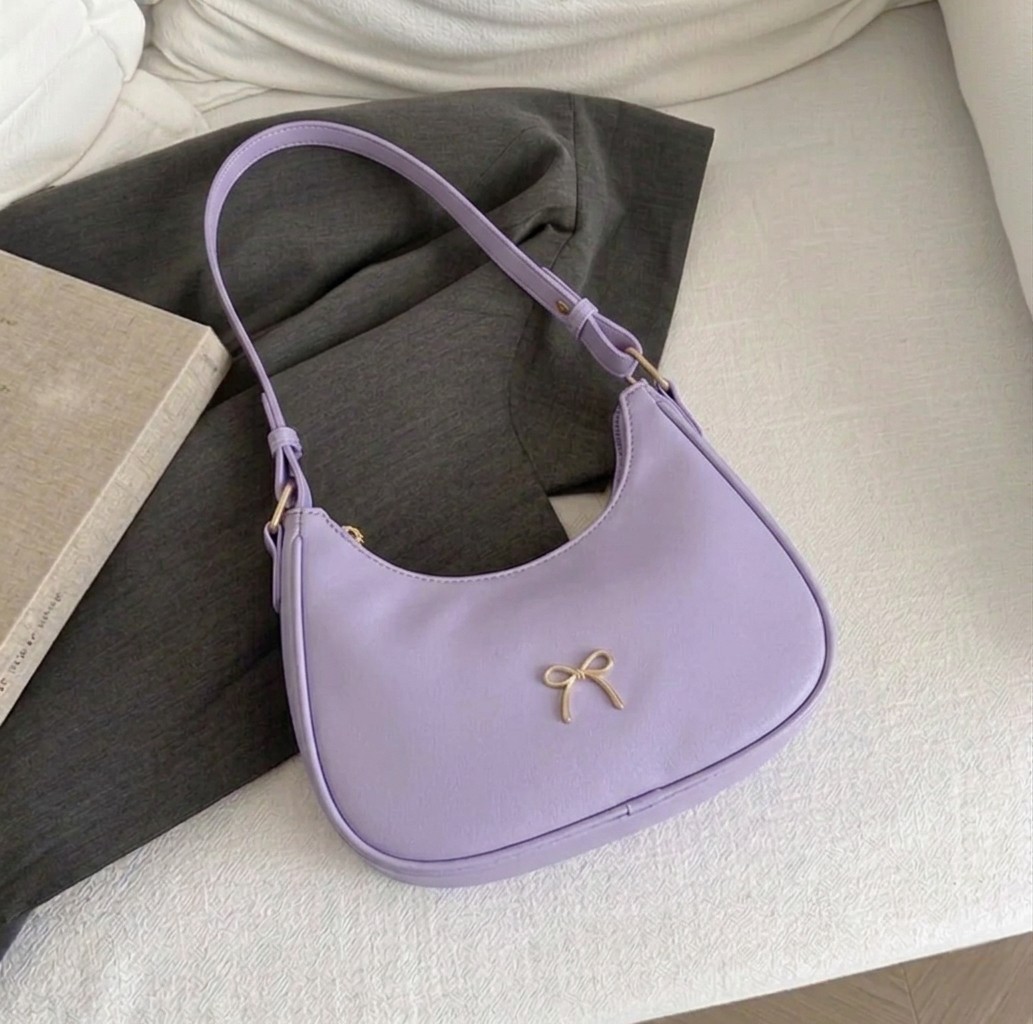 Women's Luxury Crescent Underarm Shoulder Bag  Cute Bow Leather Half Moon Purse & Handbag for Girls
