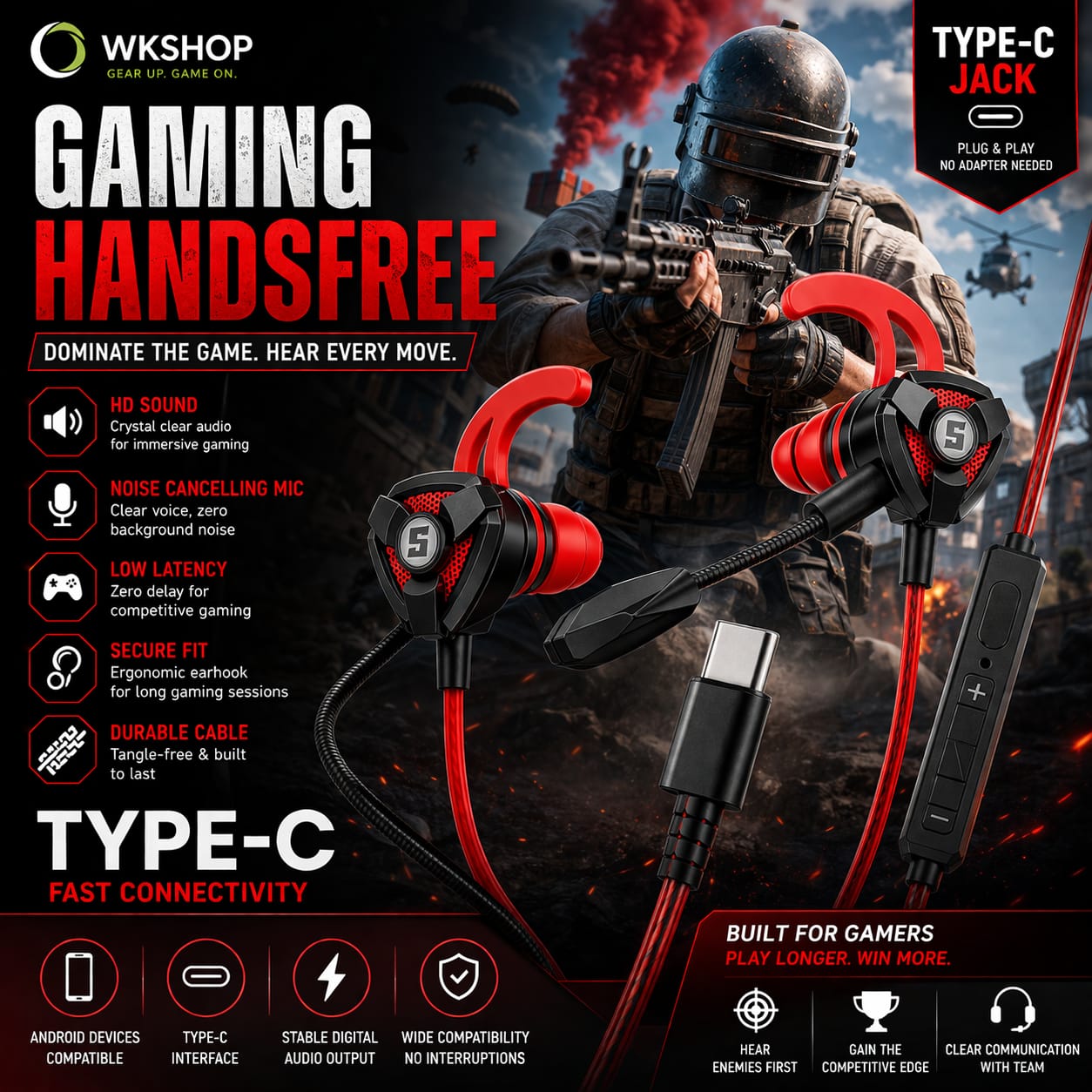 Gaming Handsfree For PUBG Free Fire Call Of Duty Mobile | Noise Cancelling Mic | Deep Bass HD Stereo Sound | Low Latency Wired Gaming Earphones | 3.5mm & Type-C Jack Gaming Headset For Android lPhone PC Laptop PS4 PS5 Xbox Tablet | Gaming Earbuds With Mic