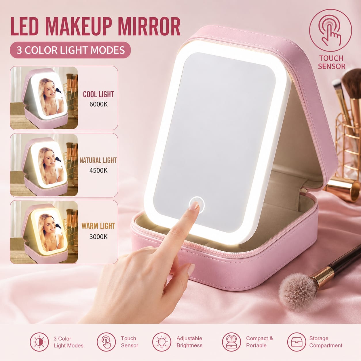 LED Makeup Mirror Pouch Cosmetic Storage Bag with Touch Sensor Mirror | 3 Color Light Modes | Adjustable Brightness | Travel Makeup Organizer Case