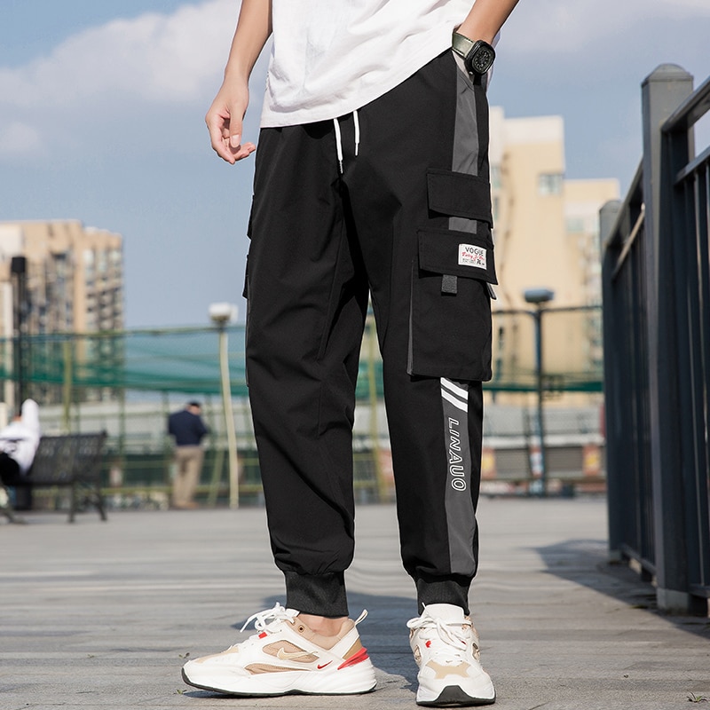 Men side pocket overalls black casual 