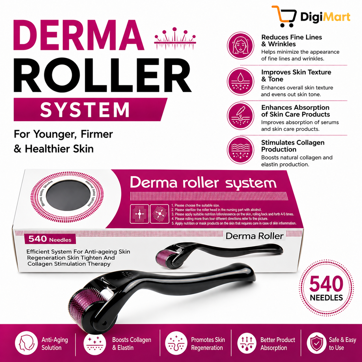 Derma Roller 0.5mm 540 Micro Needle for Hair Growth & Face Skin Care | Anti-Aging Beauty Tool for Men & Women | Face, Beard, Scalp & Body