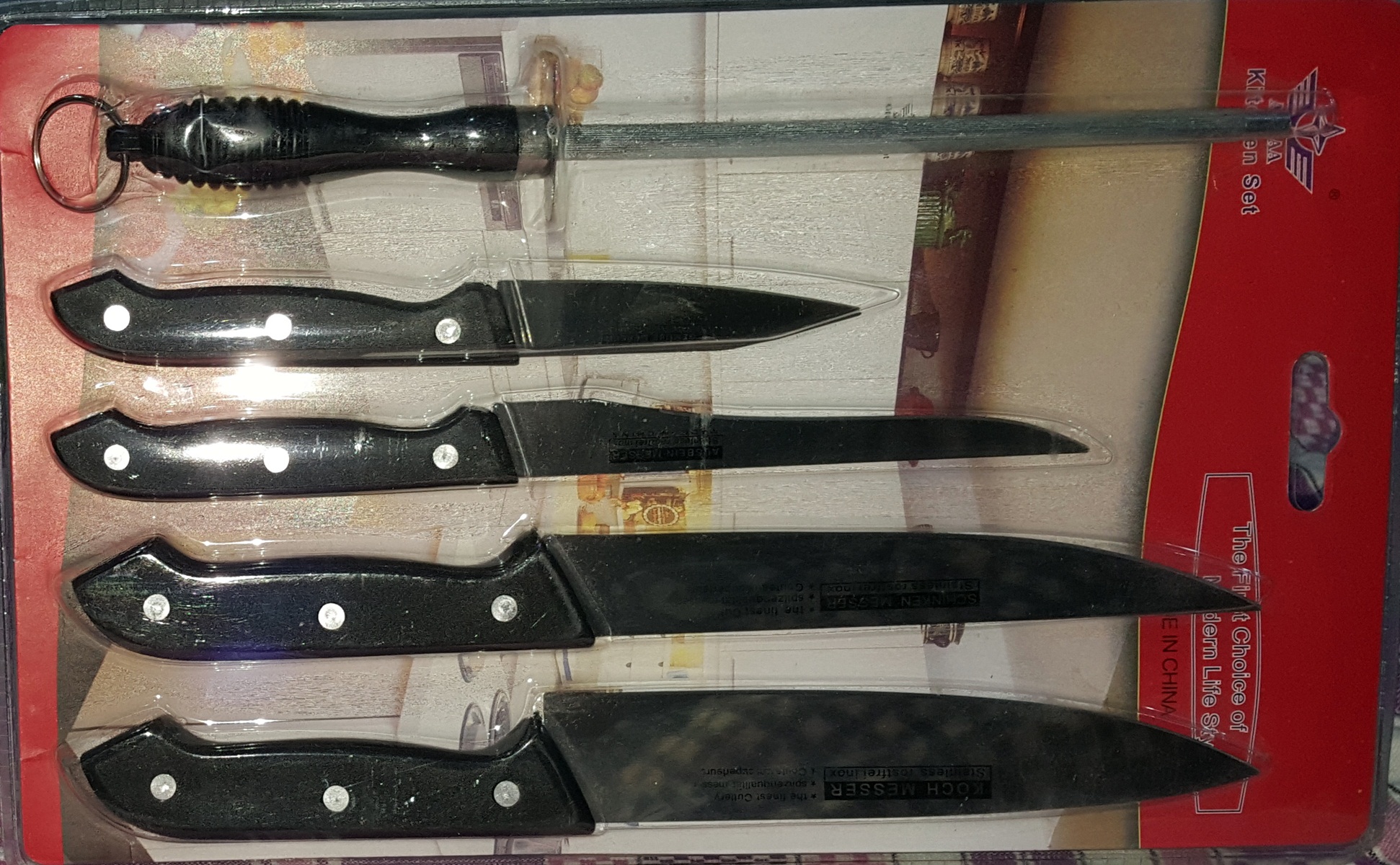 Kitchen Knife Set 4 Stainless Steel Knives + 1 Sharpener