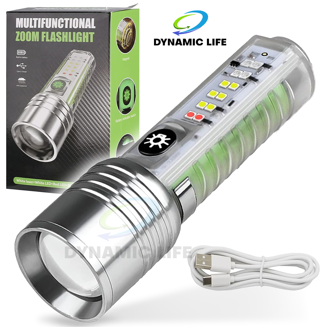 Premium Multifunctional Zoomable Flashlight Torch 520A LED Super Bright Rechargeable Long Range White Laser Light 8 Modes Flash light with Fluorescent Shell, Portable Hand Torch for Kite Flying  & Emergencies, Camping, Hiking, UV Light for Currency check