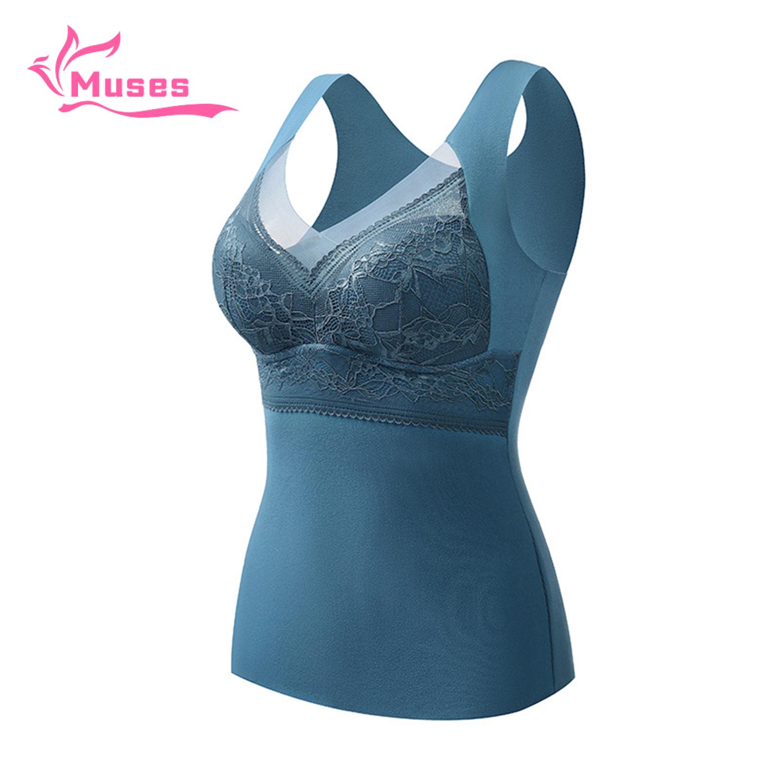 Muses Mall Thermal Vest Embroidery Lace Decor Female Slim Darlon Lining  Warm Vest Style Bra