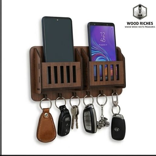 wooden wall keychain mobile phone charging  stand and keychain holder key holder for wall key rack organizer and mobile stand