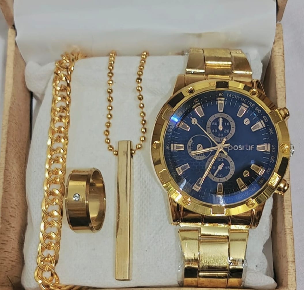 Latest Design 2025 Watch Gold Blue Business Watches + Bracelet + Cuban Chain Bracelet +3D Bar Locket  With Chain+Ring -High Quality In Random Dial watch Design With Stainless Steel Strap + Bracelet Chain + Necklace + Ring For Boys Men