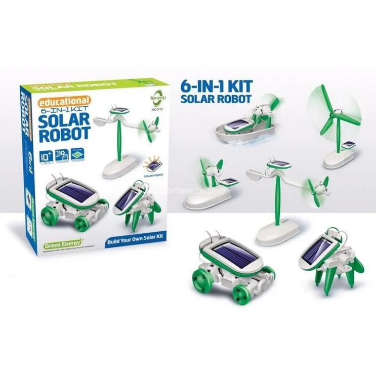 Solar Robot Toys 6 in 1 STEM Learning Kits Educational  Building Kit - Car - Plane - Puppy - Fan - Boat - Windmill - White & Green Experiment Toys DIY Solar Power Science Gift for Kids