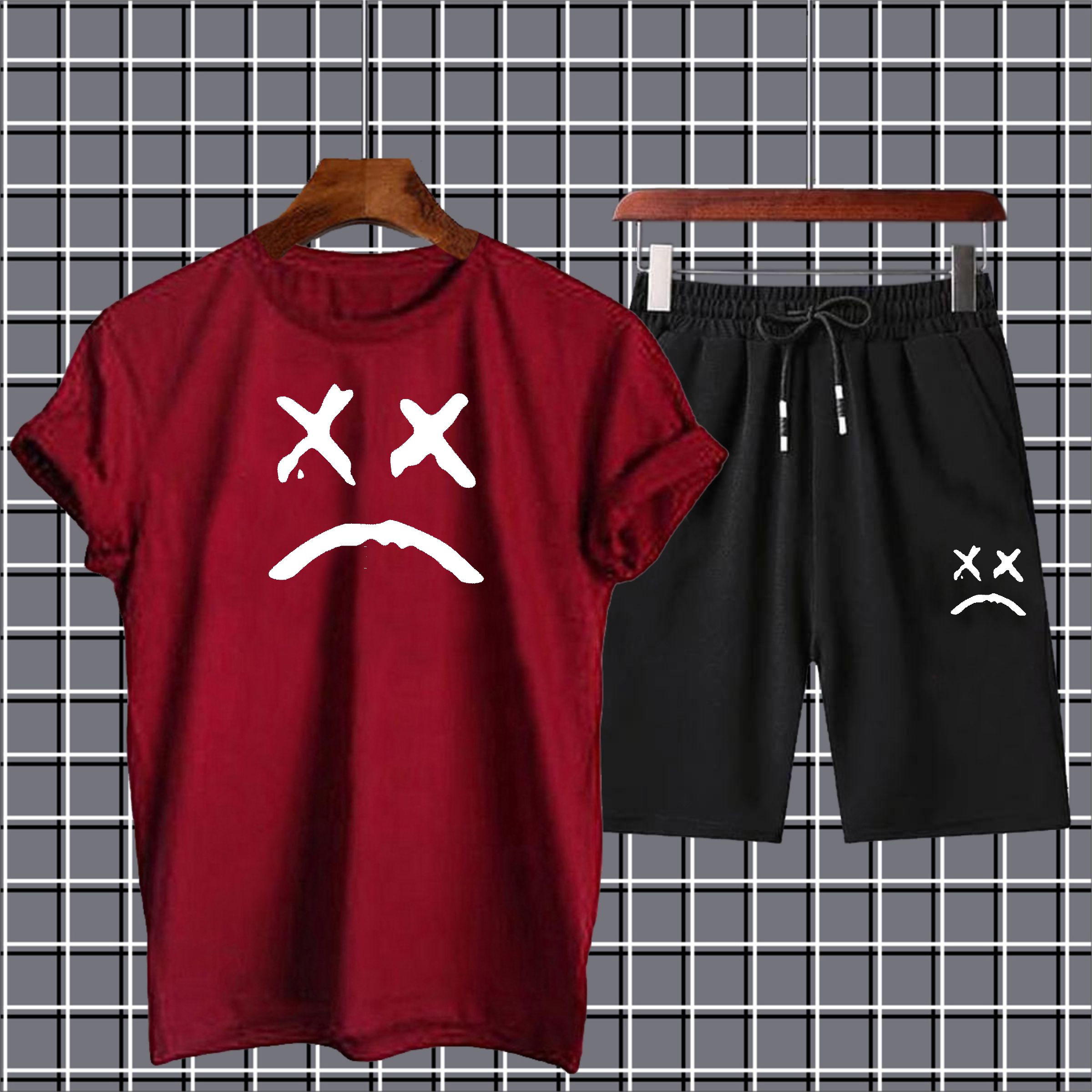 Sad face printed summer short tracksuit premium quality soft & comfortable fabric gym wear Tshirt+short tracksuit for men&boys