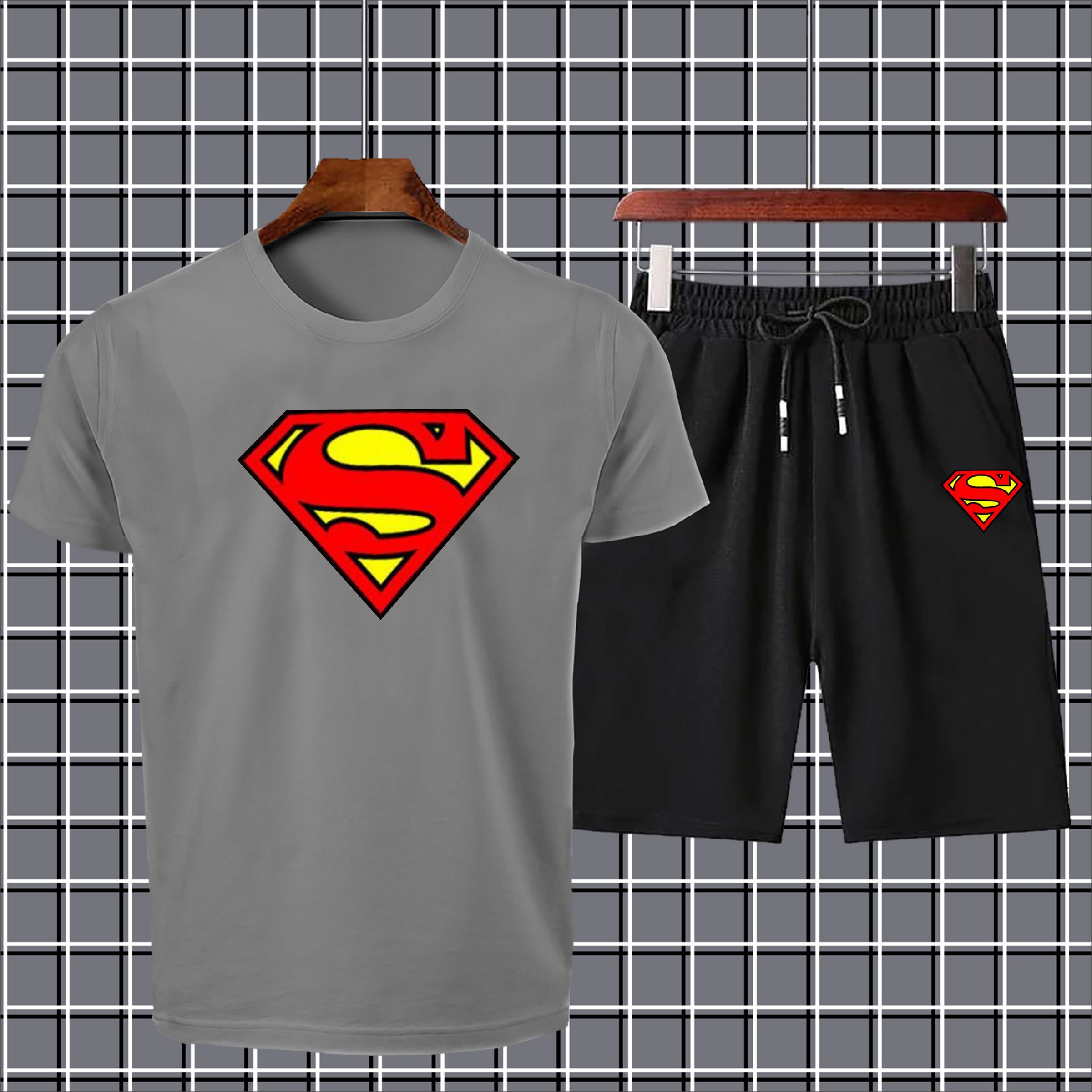 Superman printed summer tracksuit tshirt+short gym wear fabric soft & comfortable